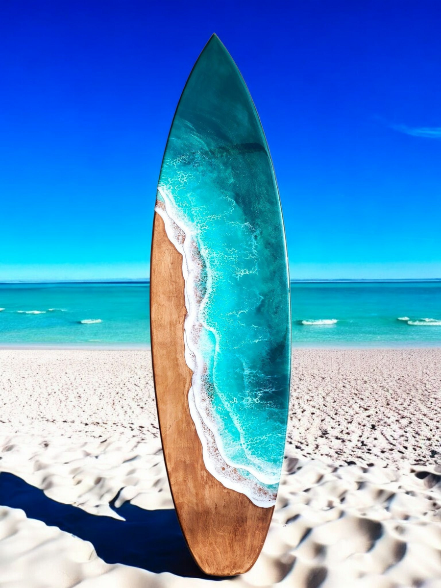 5ft Teal Wave Surfboard Wall Art – Crafted by Rachel