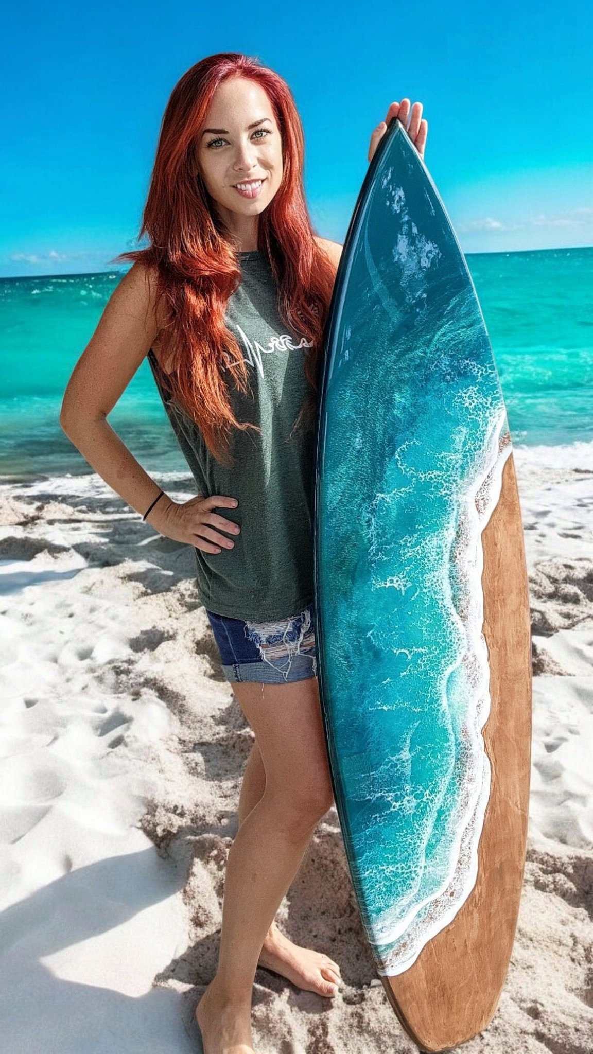 5ft Teal Wave Surfboard Wall Art – Crafted by Rachel